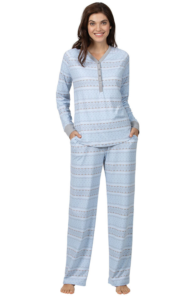 Model wearing Whisper Knit Henley Pajamas - Blue Fair Isle image number 1