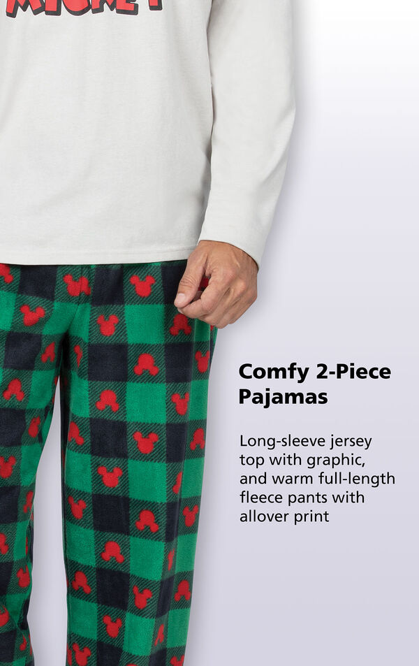 Full-length red and green fleece pajama pants with mickey mouse print image number 3