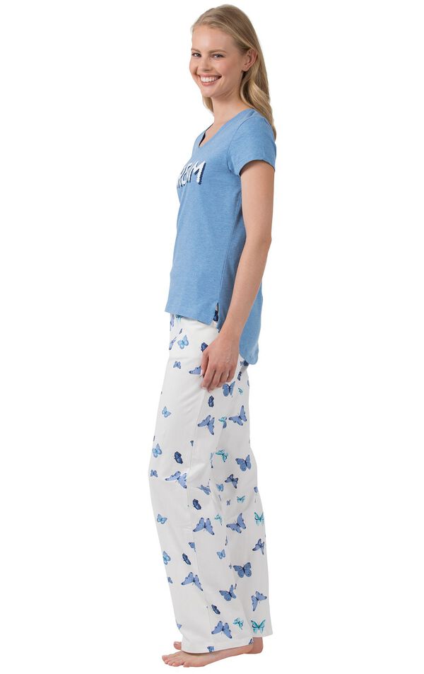 Model wearing Blue and White butterfly print Dream Pajamas, facing to the side image number 2