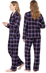 Model wearing Black and Purple Plaid Button-Front PJ for Women, facing away from the camera and then to the side image number 2