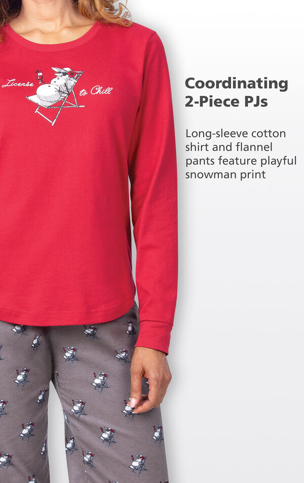 Coordinating 2-Piece PJs - long-sleeve cotton red shirt and gray flannel pants feature playful snowman print image number 3
