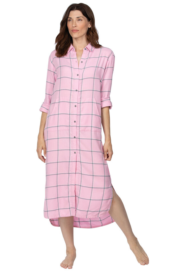Model wearing Light Pink and Gray Plaid Gown for Women image number 0