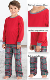 Close-ups of Gray Plaid PJ features which include a rib-knit crew neckline, cuffed long-sleeve top and full-length PJ pants image number 3