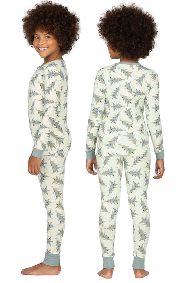 Model wearing Green Pine Tree PJ for Girls, facing away from the camera and then to the side