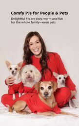 Woman and three dogs wearing red dropseat PJs with the following copy: Comfy PJs for People and Pets - Delightful PJs are cozy, warm and fun for the whole family - even pets image number 2