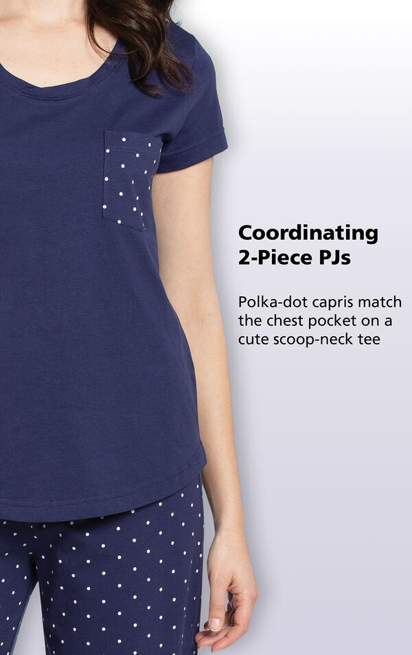 Close up of the coordinating 2-Piece PJs with the following copy: Polka-dot capris match the chest pocket on a cute scoop-neck tee image number 2