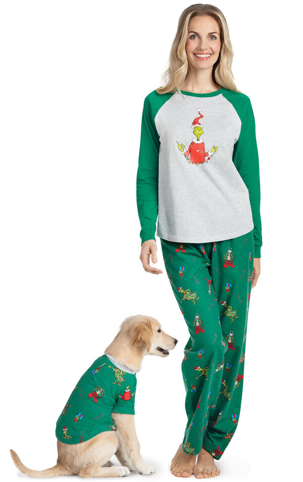 Models wearing Green and Gray Grinch Pajamas for  Pet and Owner image number 0