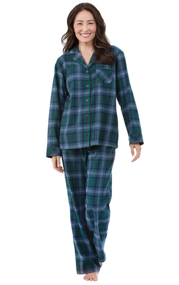 Model wearing Green and Blue Plaid Button-Front PJ for Women