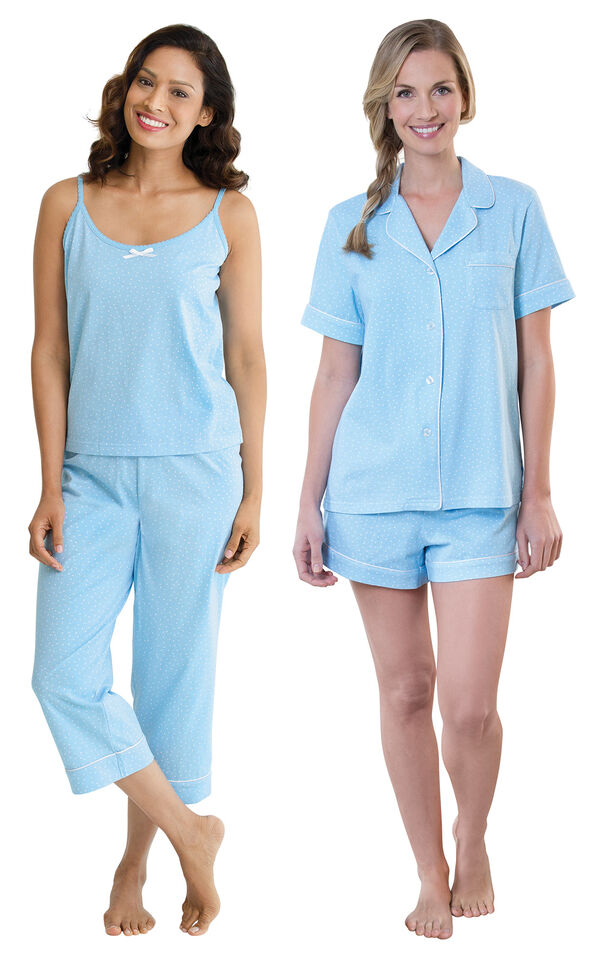 Models wearing Classic Polka-Dot Capri Pajamas - Blue and Classic Polka-Dot Short Set - Blue. image number 0