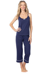 Model wearing Navy and White Polka Dot Cami PJ for Women image number 1