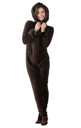 Model wearing Hoodie - Footie - Brown Faux Fur Trim Fleece for Women image number 0
