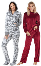 Models wearing Hoodie-Footie - Snow Leopard and Tempting Touch PJs - Garnet.