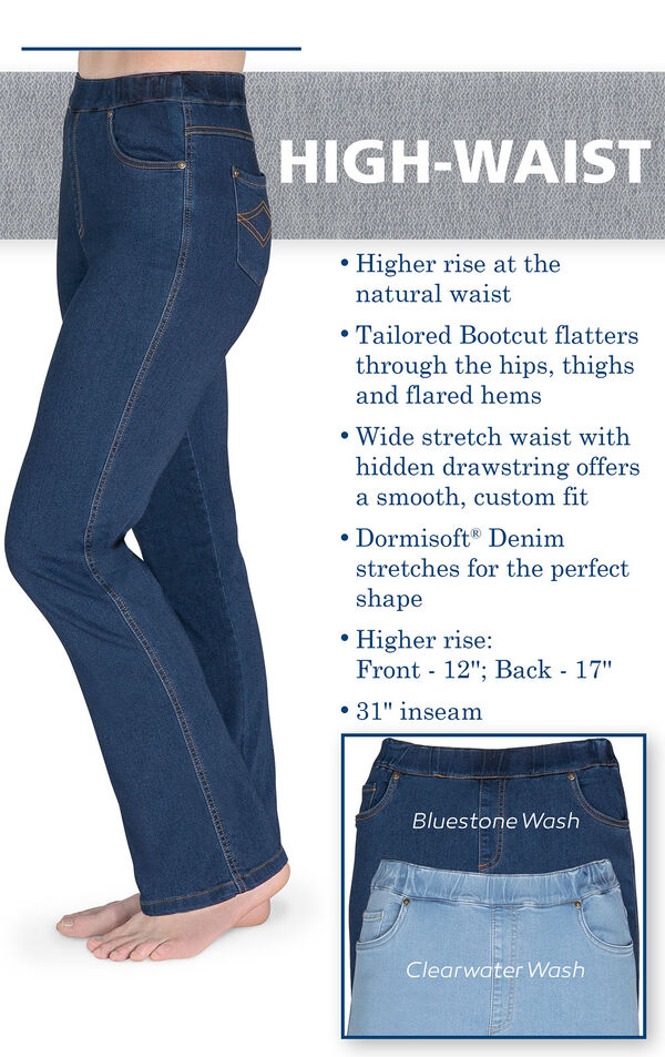 High-Waist Bootcut Jeans with the following copy: Higher rise at the natural waist, Tailored Bootcut flatters through the hips, thighs and flared hems. Wide stretch waist with hidden drawstring. Higher Rise: Front - 12', Back - 17'. 31' inseam