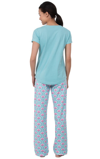 Model facing away from the camera wearing Aqua Floral V-neck Short-Sleeve PJ for Women with Modern Floral Full-length pants