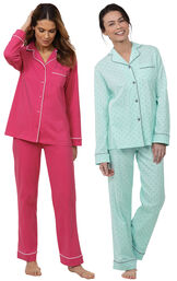 Models wearing Solid Jersey Boyfriend Pajamas - Bold Pink and Classic Polka-Dot Boyfriend Pajamas - Mint image number 0