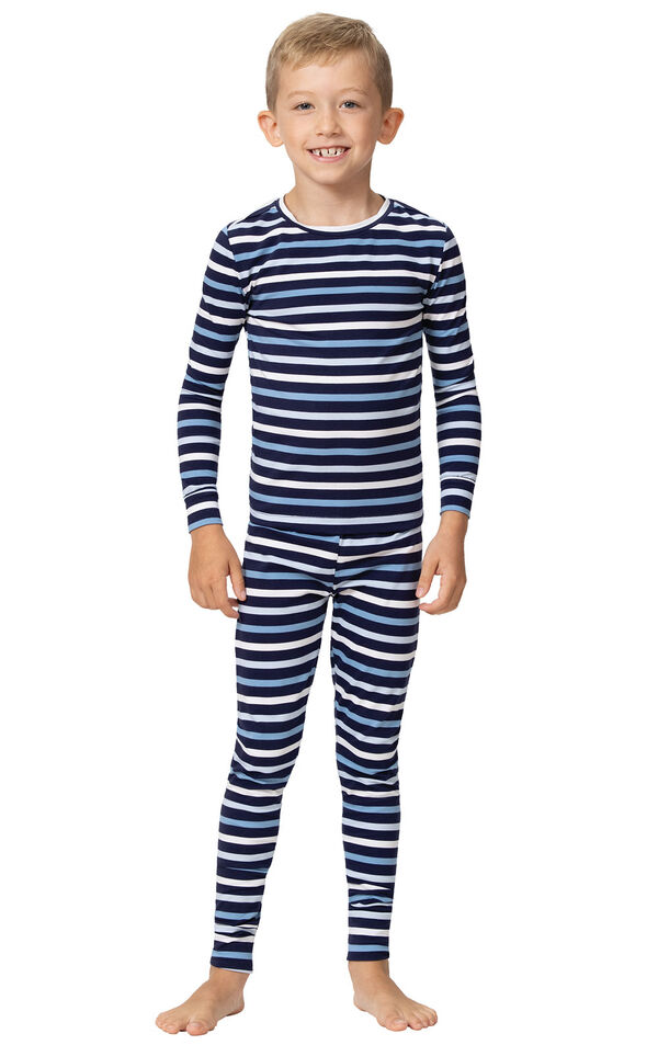 Horizontal Stripe Long-Sleeve Snug Fit Unisex Kids Pajamas - Blue image number 0