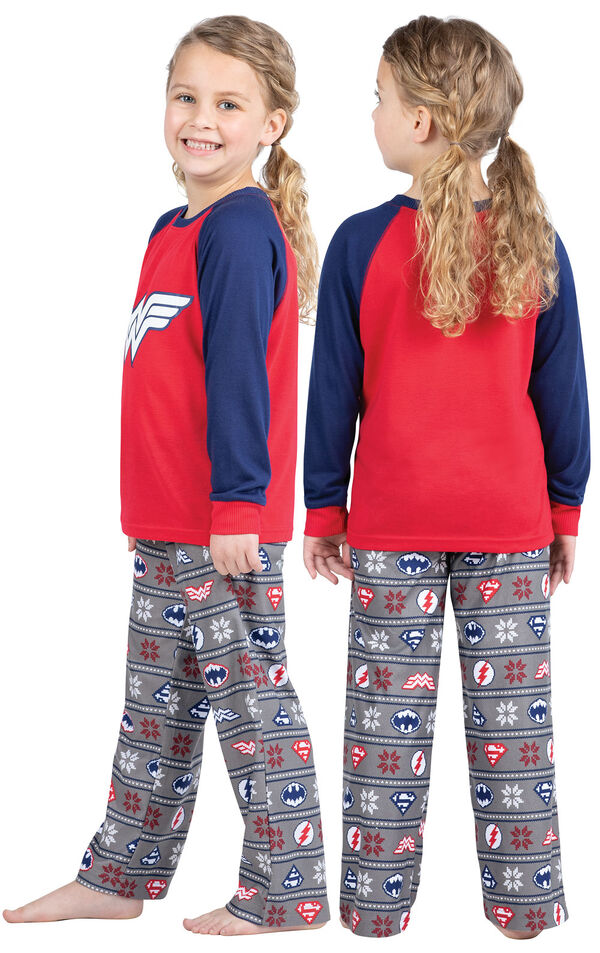 Model wearing Red and Blue Justice League PJ - Kids, facing away from the camera and then to the side image number 1
