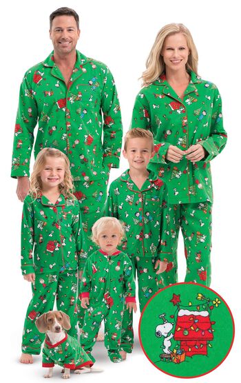 Models wearing Green Charlie Brown Christmas Matching Family Pajamas