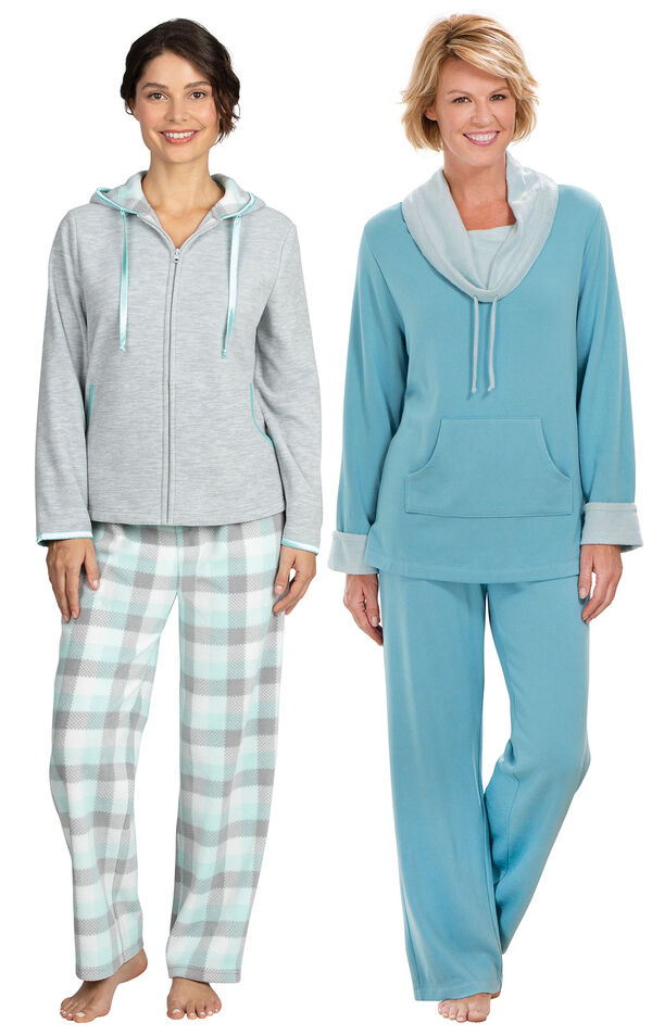 Models wearing Snuggle Fleece Hoodie Pajamas - Aqua and World's Softest Pajamas - Teal. image number 0