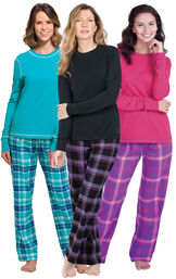 Models wearing Modern Plaid, Raspberry Plaid and Wintergreen Plaid  Jersey-Top Flannel Pajamas. image number 0