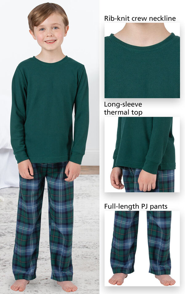 Close-ups of Heritage Plaid Thermal-Top PJ features which include a rib-knit crew neckline, long-sleeve thermal top and full-length PJ pants image number 3