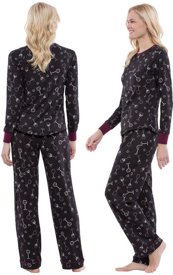 Model wearing Love and Wine Print PJ -Women, facing away from the camera and then to the side