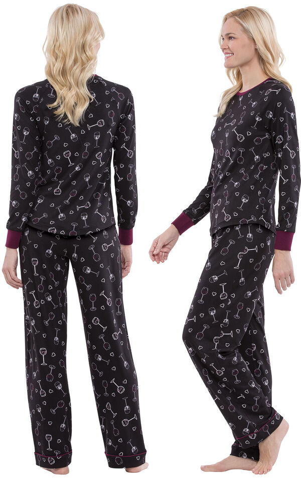 Model wearing Love and Wine Print PJ -Women, facing away from the camera and then to the side image number 4