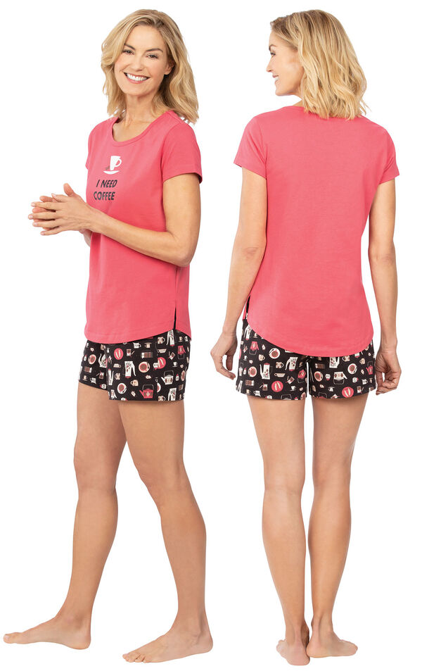 Model wearing Black and Pink Coffee Short Set with Graphic Tee for Women, facing away from the camera and then to the side image number 1