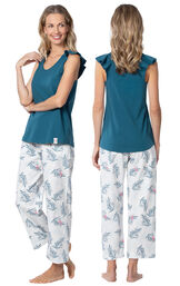 Model wearing Blue and White Margaritaville Capri PJ for Women, facing away from the camera and then to the side image number 1
