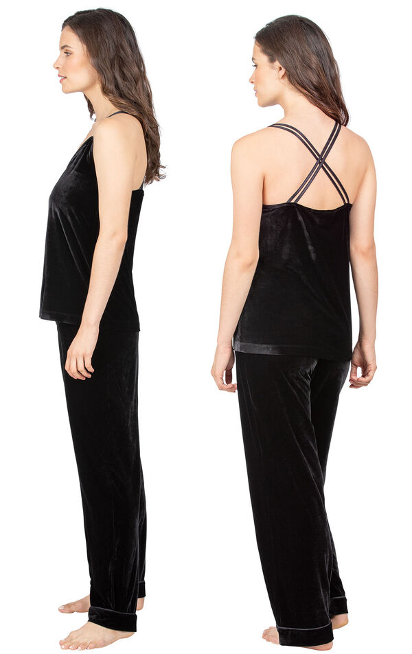 Model wearing Black Velour Cami PJ with Satin Trim for Women, facing away from the camera and then to the side image number 1