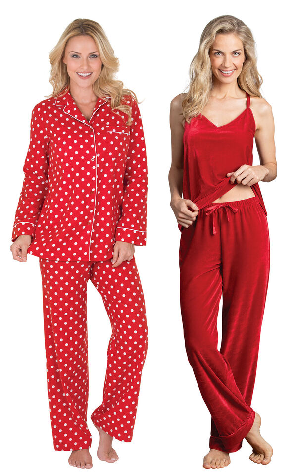 Models wearing Polka-Dot Boyfriend Flannel Pajamas - Red and Velour Cami Pajamas - Ruby. image number 0