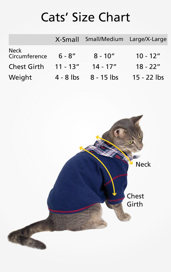 Cats' Sizes X-Small (for cats 4-8 lbs), Small/Medium (for cats 8-15 lbs) and Large/X-Large (for cats 15-22 lbs)