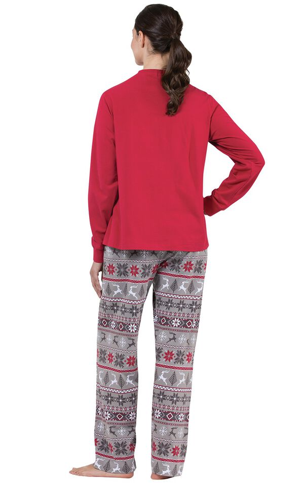 Model wearing Red and Gray Fair Isle PJ for Women, facing away from the camera