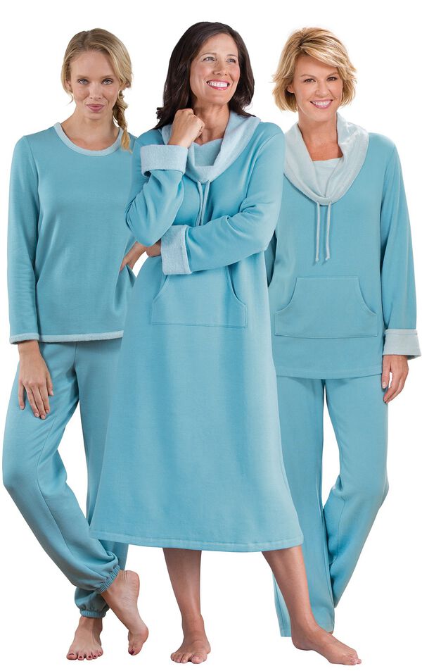 Models wearing World's Softest Nighty -Teal, World's Softest Pajamas - Teal and World's Softest Jogger Pajamas - Teal. image number 0