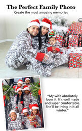 Customer photos of Nordic Fleece Hoodie-Footie Matching Family Pajamas. Headline: The Perfect Family Photo; Create the most amazing memories. Customer Quote: "My wife absolutely loves it. It's well made and super comfortable." image number 3