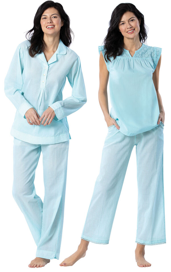Models wearing Addison Meadow Summer Pullover PJs - Aqua Stripe and Addison Meadow Summer Capris - Aqua Stripe image number 0
