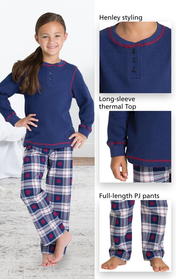 Close-ups of Snowfall Plaid PJ features which include Henley styling, long-sleeve thermal top and full-length pj pants