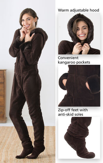 Close-Ups of Hoodie-Footie features which include a warm adjustable hood, convenient kangaroo pockets and zip-off feet with anti-skid soles