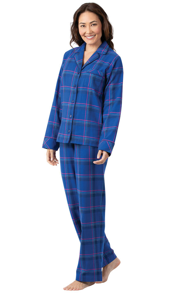 Model wearing Indigo Plaid Flannel Button-Front PJ for Women
