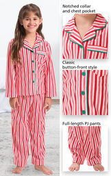 Close-ups of Candy Cane Fleece PJ features which include a Notched collar and chest pocket, classic button-front style and full-length PJ pants image number 2