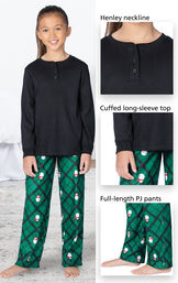 Black and Green Snowman Argyle Henley PJ for Girls have a Henley neckline, cuffed long-sleeve top, full-length PJ pants image number 3