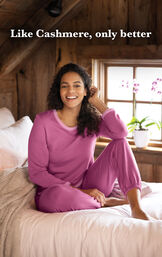 Model sitting down wearing Raspberry World's Softest Jogger PJs with the following copy: Like Cashmere, only better. image number 4
