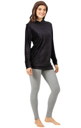 Black Ribbed Velour Hoodie Legging Pajamas for Women image number 1