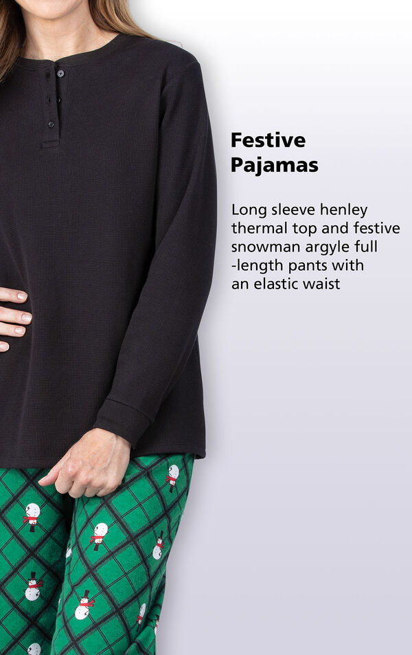 Festive Pajamas - Long sleeve henley thermal top and festive snowman argyle full-length pants with an elastic waist image number 2
