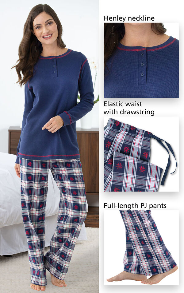 Close-ups of the details of Snowfall Plaid Women's Pajamas such as Henley neckline, elastic waist with drawstring and full-length PJ pants image number 3