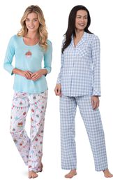 Models wearing Happy Birthday Pajamas and Heart2Heart Gingham Boyfriend Pajamas - Periwinkle. image number 0