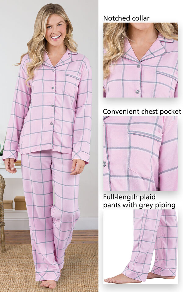 World's Softest Flannel Petite Boyfriend Pajamas feature a notched collar, convenient chest pocket, and full-length plaid pants with grey piping - all shown in images image number 3