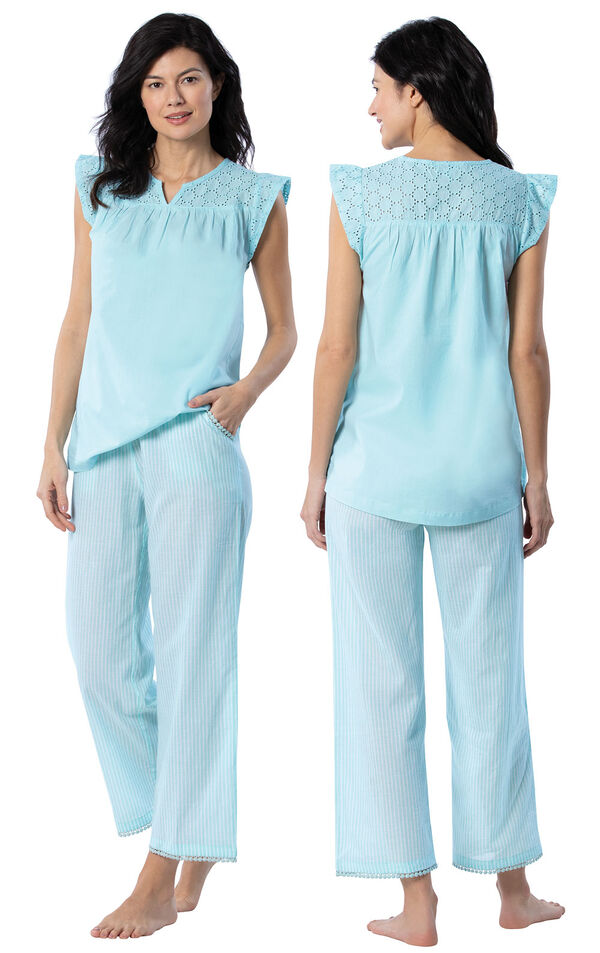 Model wearing Aqua Stripe Flutter Sleeve Capri PJ for Women, facing away from the camera and then to the side image number 1