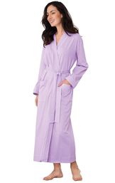 Model wearing Purple Pin Dot Wrap Robe for Women image number 0