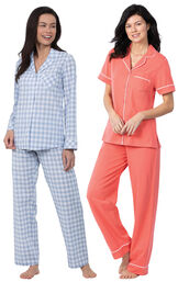 Models wearing Solid Jersey Short-Sleeve Boyfriend Pajamas - Coral and Heart2Heart Gingham Boyfriend Pajamas - Periwinkle image number 0
